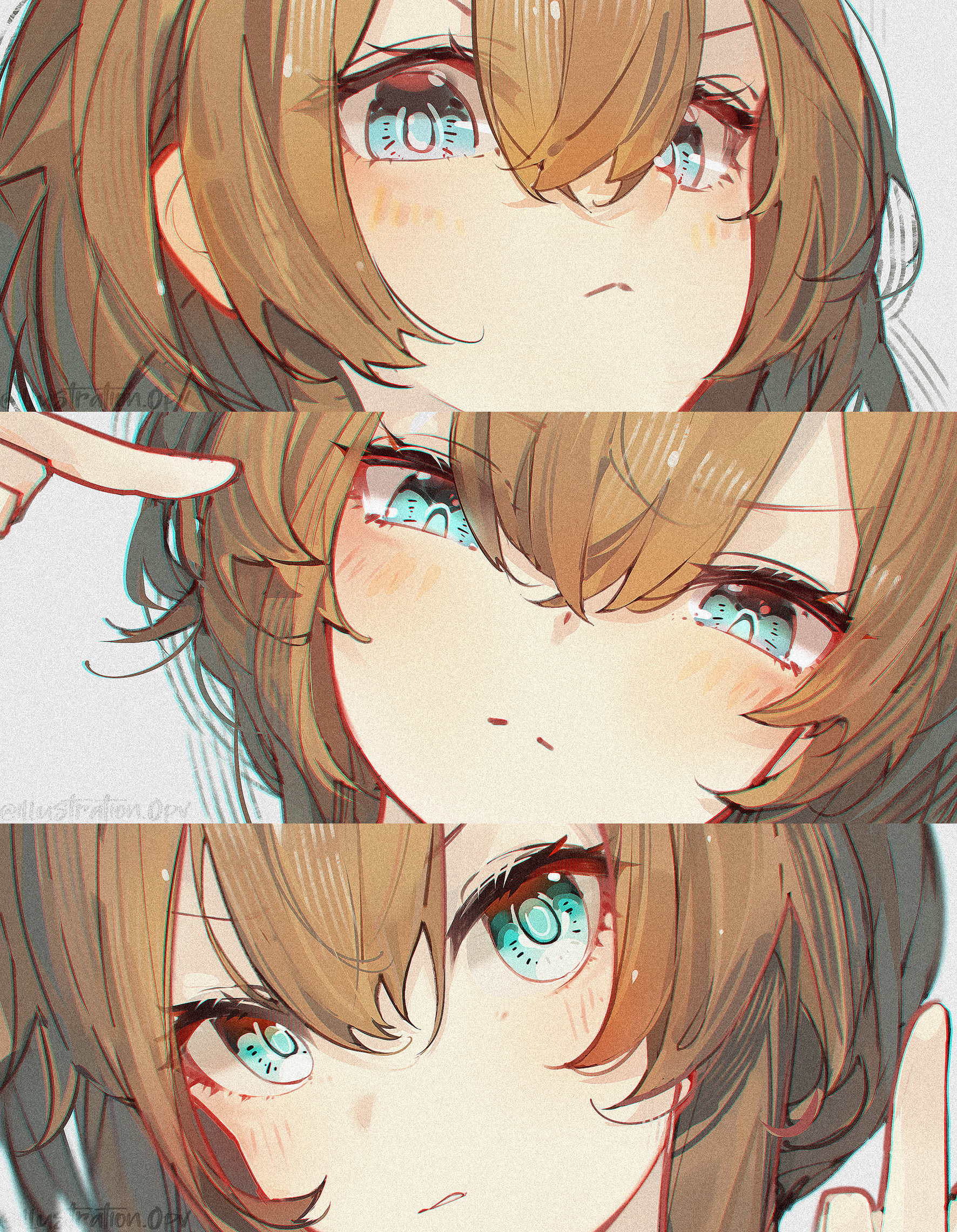 :&lt; amiya_(arknights) angry arknights artist_name blue_eyes brown_hair chinese_commentary chromatic_aberration close-up commentary hair_between_eyes highres multiple_expressions openvl pointing pointing_at_self