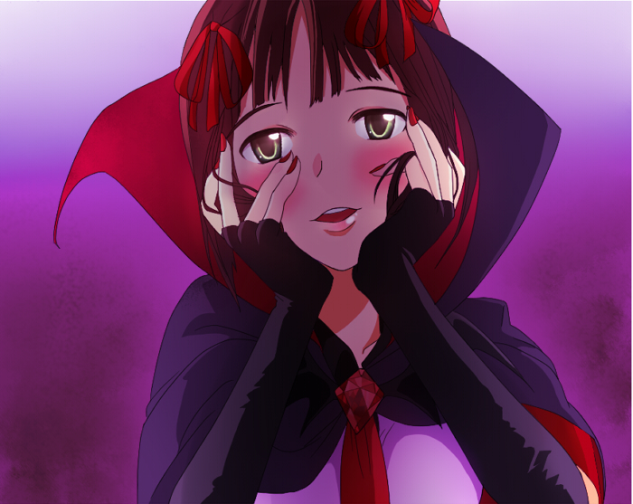 1girl amami_haruka bow brown_eyes brown_hair cape dark_haruka female_focus hands_on_own_cheeks hands_on_own_face harustein idolmaster idolmaster_(classic) mujin_gattai_kisaragi nail_polish necktie parody season_connection short_hair solo toroame yandere_trance