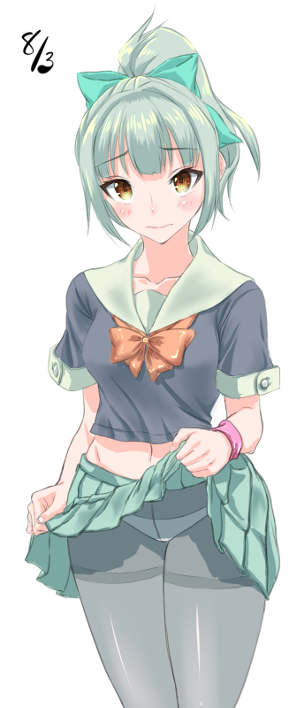 10s 1girl black_pantyhose blouse bow brown_eyes crotch_seam female_focus grey_hair hair_bow hair_ribbon kantai_collection nyantiu panties panties_under_pantyhose pantyhose ponytail ribbon school_uniform serafuku shirt short_hair skirt solo thighband_pantyhose underwear yuubari_(kancolle)