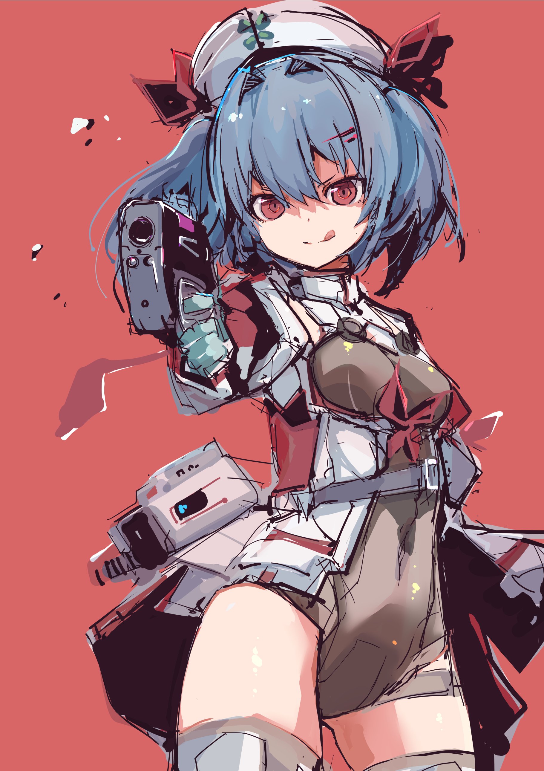 1girl :p absurdres blue_hair breasts colphne_(girls&#039;_frontline_2) colphne_(silent_heart)_(girls&#039;_frontline_2) cowboy_shot girls&#039;_frontline girls&#039;_frontline_2:_exilium hat highres medium_breasts medium_hair red_eyes sketch solo taurus_curve thighhighs tongue tongue_out yoto_(rinlin2)