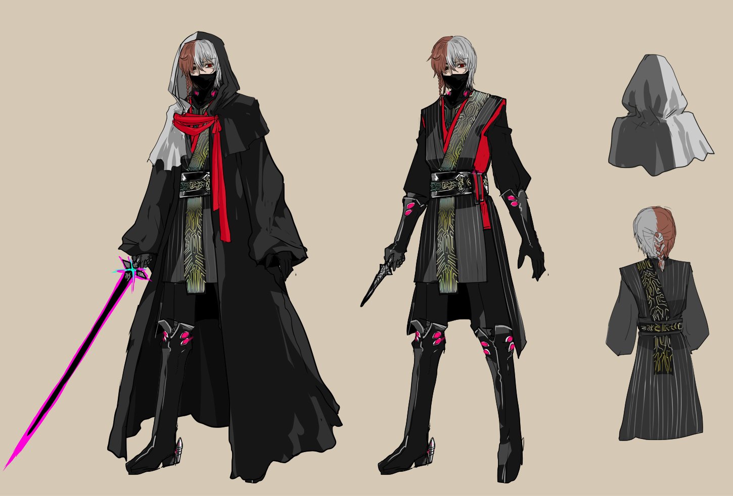 1boy antonio_salieri_(exhibition_attire)_(fate) antonio_salieri_(fate) black_boots black_cloak black_eyes black_gloves black_mask black_pants black_sash black_shirt boots braid brown_hair cloak dagger fate/grand_order fate_(series) full_body gloves grey_hair grey_kimono hair_between_eyes heterochromia holding holding_dagger holding_knife holding_sword holding_weapon hood hood_up japanese_clothes kimono knife long_sleeves looking_at_viewer male_focus mask medium_hair mouth_mask multicolored_cloak multicolored_hair multiple_views pants pfalz red_eyes reference_sheet sash shirt side_braid simple_background split-color_hair standing sword two-tone_cloak weapon white_cloak yellow_background