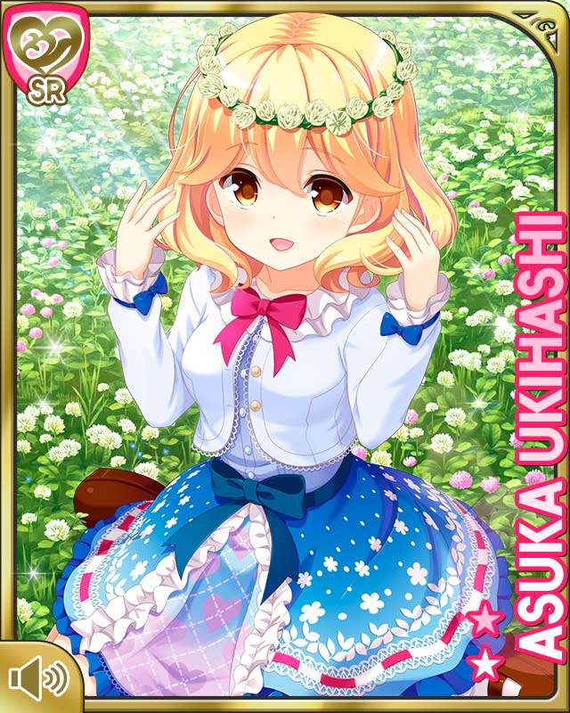 1girl blonde_hair blue_bow blue_dress bow bowtie breasts brown_eyes card_(medium) day dress flower girlfriend_(kari) hair_bow head_wreath jacket medium_breasts official_art open_mouth outdoors qp:flapper red_bow shirt short_hair smile solo tagme ukihashi_asuka white_jacket white_shirt