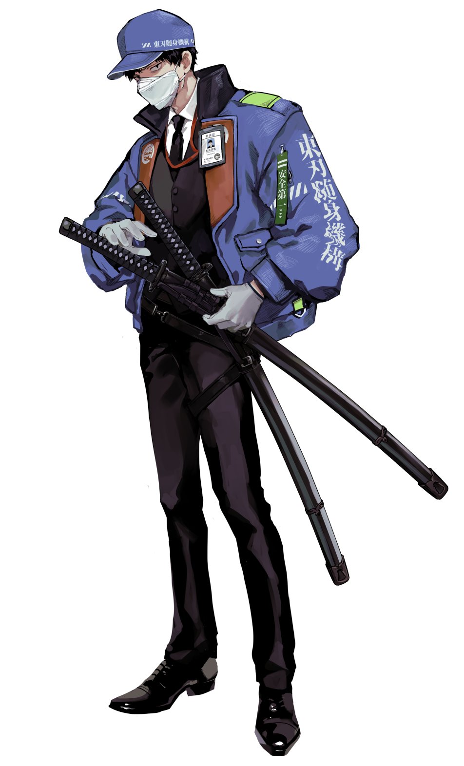 1boy bags_under_eyes baseball_cap black_eyes black_hair black_jacket black_necktie black_pants black_suit blue_jacket collared_shirt commentary_request constricted_pupils covered_mouth dress_pants dress_shoes earrings formal_clothes full_body gloves grey_gloves hat high_collar highres holding holding_sheath id_card jacket jewelry katana lanyard long_sleeves looking_at_viewer male_focus mask mouth_mask necktie open_clothes open_jacket original otani_(gloria) pants puffy_long_sleeves puffy_sleeves sheath sheathed shirt short_hair simple_background solo standing stud_earrings suit suit_jacket surgical_mask sword translation_request weapon white_background white_shirt work_gloves