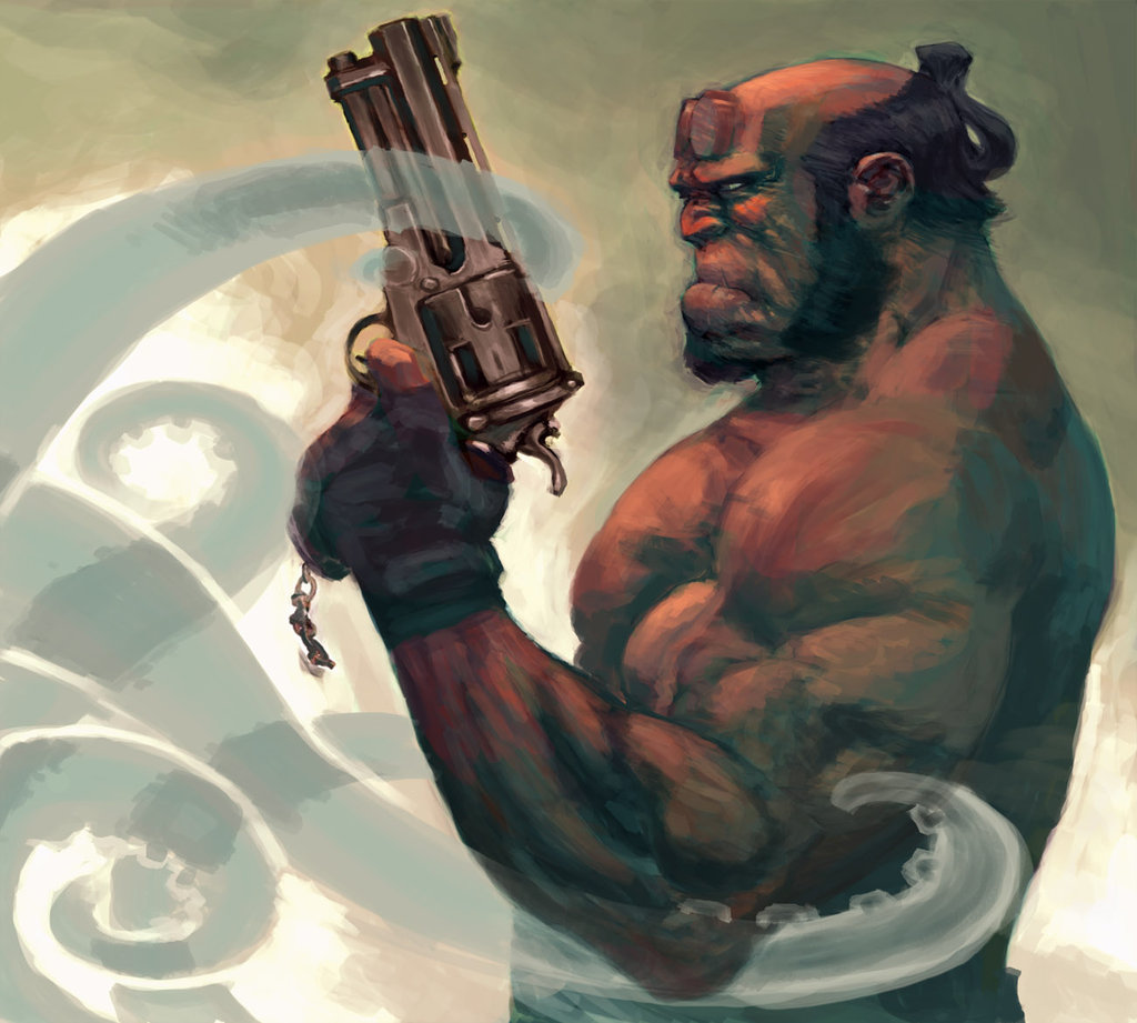 1boy beard chinstrap_beard connected_beard demon demon_boy demon_horns fingerless_gloves from_side garychoo gloves gun hellboy hellboy_(comic) holding holding_gun holding_weapon horns male_focus muscular muscular_male ponytail serious tentacles upper_body weapon