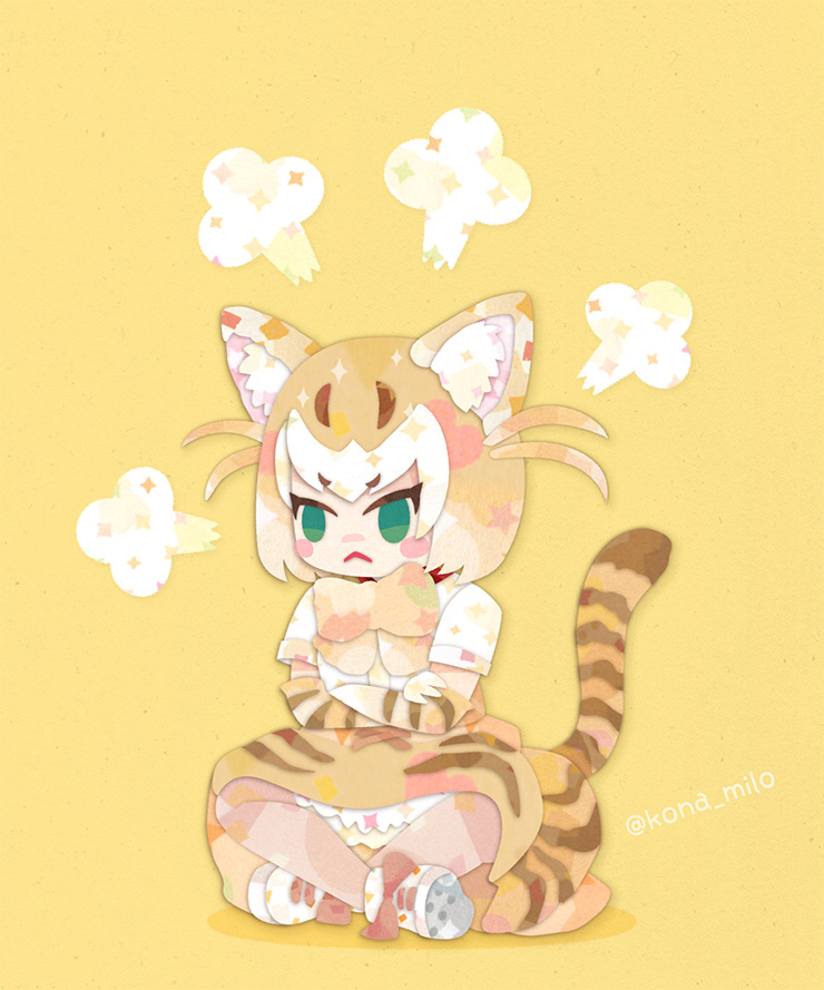1girl animal_ears blonde_hair bow bowtie cat_(kemono_friends) cat_ears cat_girl cat_tail elbow_gloves extra_ears full_body gloves green_eyes kemono_friends kikuchi_milo shirt shoes short_hair simple_background skirt solo tail yellow_background