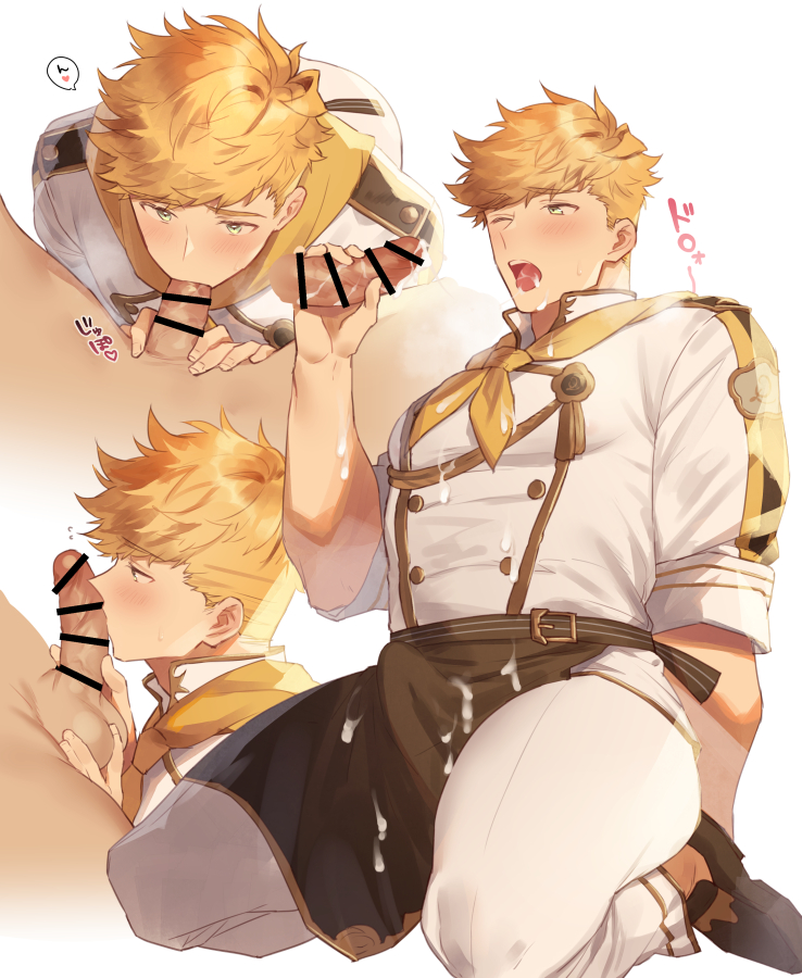 &gt;_o 2boys alternate_costume apron bara black_apron blonde_hair blush bulge chef cum cum_in_mouth cum_on_body cum_on_clothes cum_on_male erection erection_under_clothes facial fellatio granblue_fantasy green_eyes higashigunkan kneeling licking licking_penis male_focus multiple_boys multiple_views one_eye_closed open_mouth oral penis pov short_hair sideburns sitting thighs vane_(granblue_fantasy) waist_apron white_background yaoi