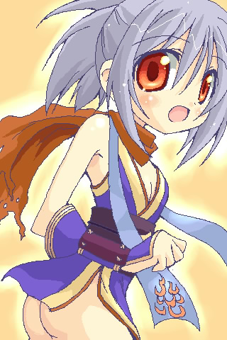 1girl 2000s_(style) ass black_sash blue_dress blush breasts commentary_request cowboy_shot dress grey_hair looking_at_viewer lowres ninja ninja_(ragnarok_online) obi oekaki open_mouth orange_background orange_eyes orange_scarf ragnarok_online sash scarf shirokuro_(lapinnoir) short_dress short_hair sleeveless sleeveless_dress small_breasts solo torn_clothes torn_scarf underbutt vambraces