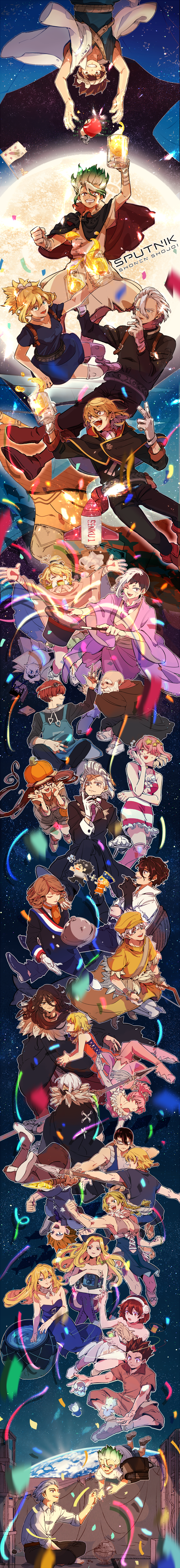 6+boys 6+girls absurdres apple arrow_(projectile) asagiri_gen bald beard black_hair blonde_hair blue_dress blue_eyes book bow_(weapon) braid breasts brown_eyes brown_hair cat character_request chrome_(dr._stone) cleavage closed_eyes confetti dr._stone dress everyone facial_hair flag food francois_(dr._stone) fruit ginro_(dr._stone) glasses gloves green_hair hair_between_eyes hair_ornament hair_over_one_eye hat headphones highres holding holding_arrow holding_bow_(weapon) holding_polearm holding_sewing_needle holding_tray holding_wand holding_weapon hyoga_(dr._stone) ishigami_senkuu joel_gear kaseki_(dr._stone) kinro_(dr._stone) kohaku_(dr._stone) long_image momiji_homura multicolored_hair multiple_boys multiple_girls mustache nsseagull ogawa_yuzuriha one_eye_closed ooki_taiju open_mouth pink_hair polearm rabbit red_hair ruri_(dr._stone) sandals sash smile spool stanley_snyder_(dr.stone) star_(symbol) star_hair_ornament suika_(dr.stone) tall_image top_hat tray two-tone_hair wand weapon white_gloves white_hair