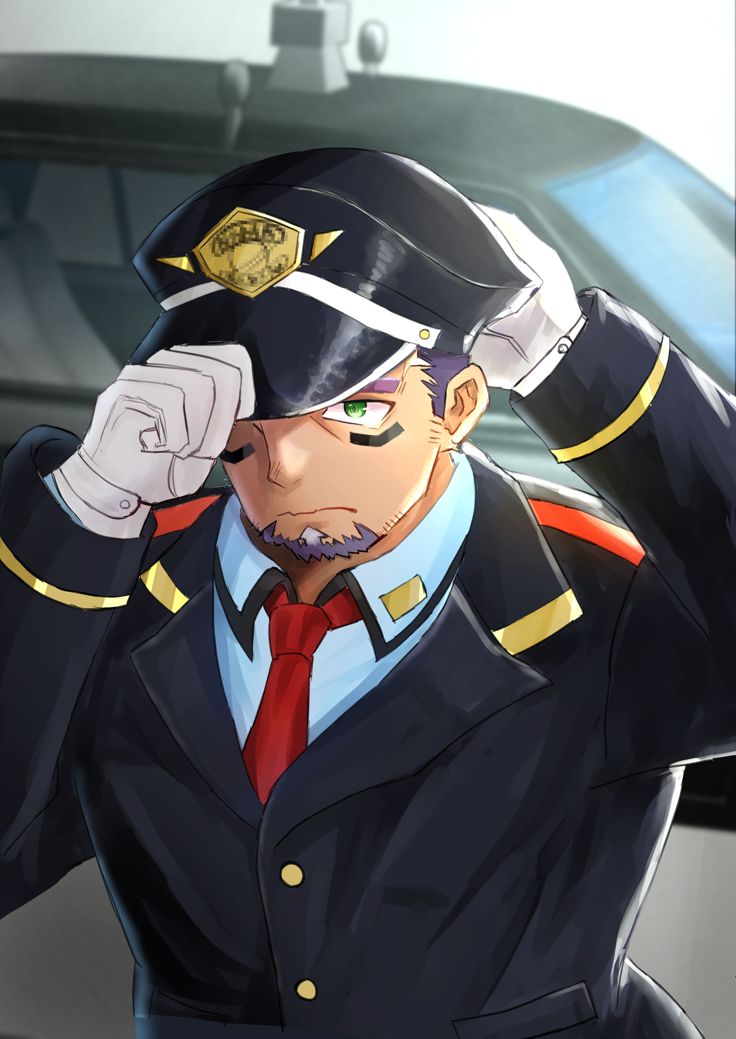 1boy absurdres adjusting_clothes adjusting_headwear bara dark-skinned_male dark_skin facial_hair fyaebcx2jgmtw5h gloves goatee hat_over_one_eye highres live_a_hero mature_male police police_uniform policeman purple_hair shaft_(live_a_hero) short_hair sideburns sideburns_stubble stubble thick_eyebrows two-tone_beard upper_body