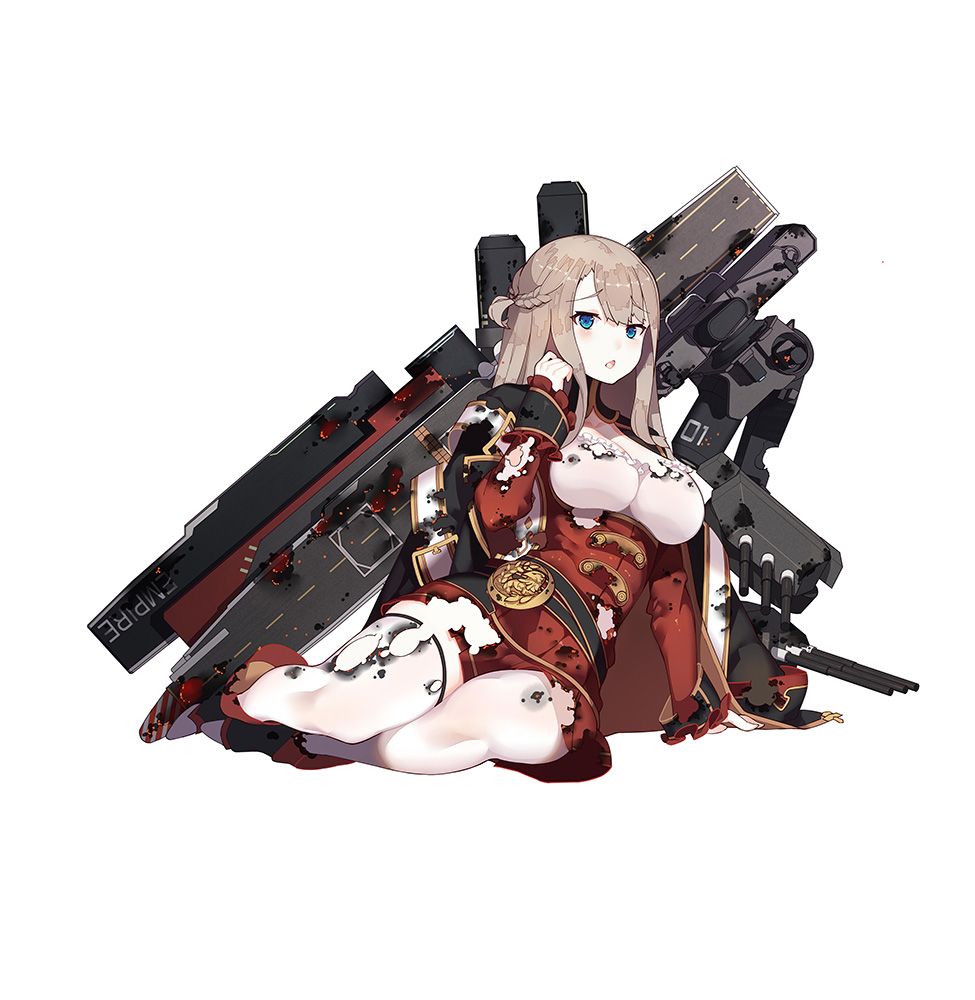 1girl blue_eyes boots breasts brown_hair burnt_clothes cannon cleavage female_focus flight_deck full_body graphite_(medium) impero_(warship_girls_r) jacket large_breasts long_hair military_jacket official_art open_mouth rain_lan solo thighhighs torn_clothes torn_thighhighs traditional_media warship_girls_r white_background