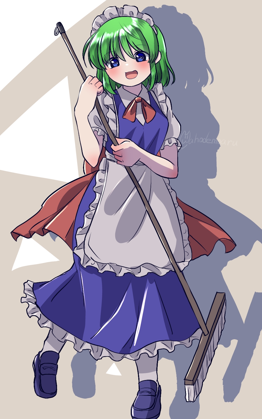 1girl :d ahodemoaru apron blue_dress blue_shoes blush bow breasts broom collared_shirt dress frilled_apron frilled_dress frilled_sleeves frills full_body green_hair highres holding holding_broom loafers maid maid_apron maid_headdress medium_hair neck_ribbon open_mouth puffy_short_sleeves puffy_sleeves red_ribbon ribbon ruukoto shirt shoes short_sleeves small_breasts smile socks solo touhou touhou_(pc-98) waist_bow white_apron white_socks
