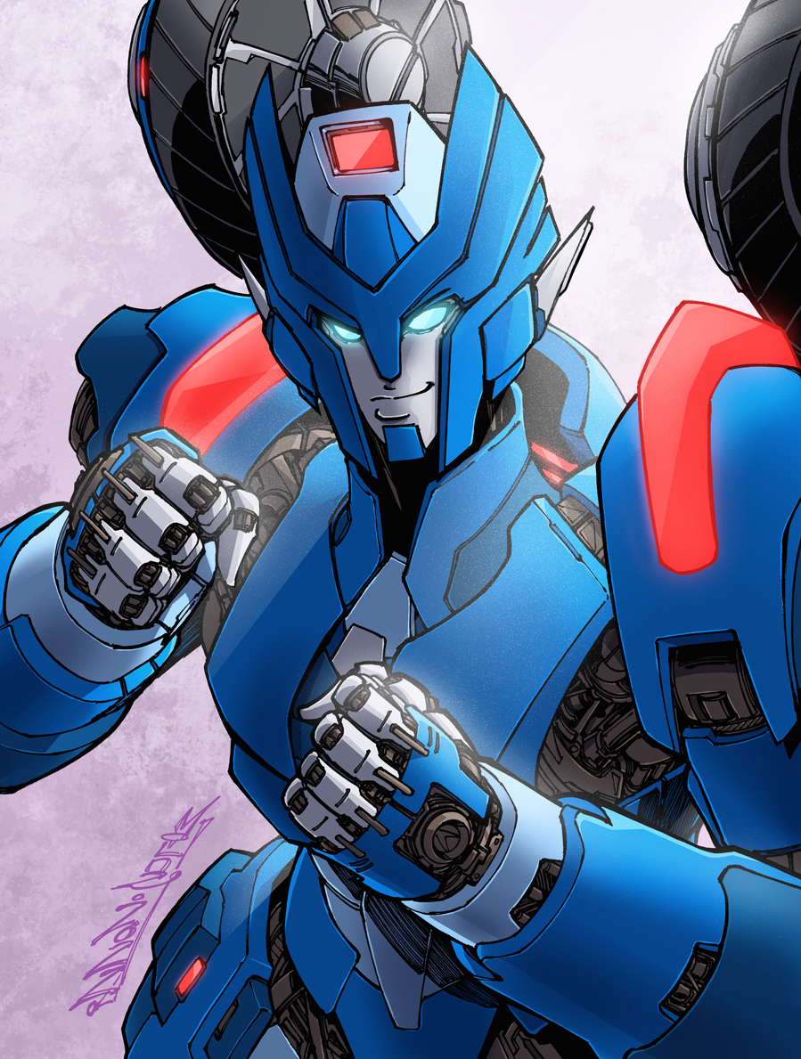 1girl alex_milne blue_eyes chromia commission glowing glowing_eyes helmet humanoid_robot metal_skin pointy_ears robot robot_girl solo the_transformers_(idw) transformers wheel