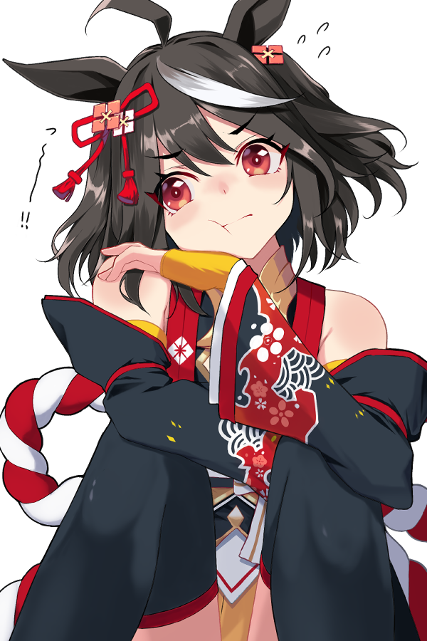 ! !! animal_ears bare_shoulders black_hair black_thighhighs detached_sleeves horse_ears horse_girl kitasan_black_(umamusume) multicolored_hair out-of-frame_censoring red_eyes short_sleeves thighhighs tsuru_(tsubasa1993621) two-tone_hair umamusume white_hair wide_sleeves