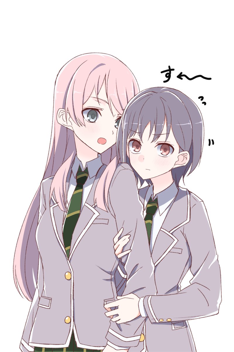2girls arm_hug arms_at_sides arrow_(symbol) bang_dream! bang_dream!_it&#039;s_mygo!!!!! behind_another black_hair blush breast_pocket brown_eyes buttons chihaya_anon closed_mouth collared_shirt commentary_request diagonal-striped_clothes diagonal-striped_necktie flying_sweatdrops green_necktie green_skirt grey_eyes grey_jacket gumoyu hands_up haneoka_school_uniform highres jacket long_hair long_sleeves looking_at_another looking_at_viewer looking_to_the_side motion_lines multiple_girls necktie open_mouth pink_hair plaid_clothes plaid_skirt pocket school_uniform shirt short_hair simple_background skirt striped_clothes takamatsu_tomori translation_request upper_body v-shaped_eyebrows white_background white_shirt yuri
