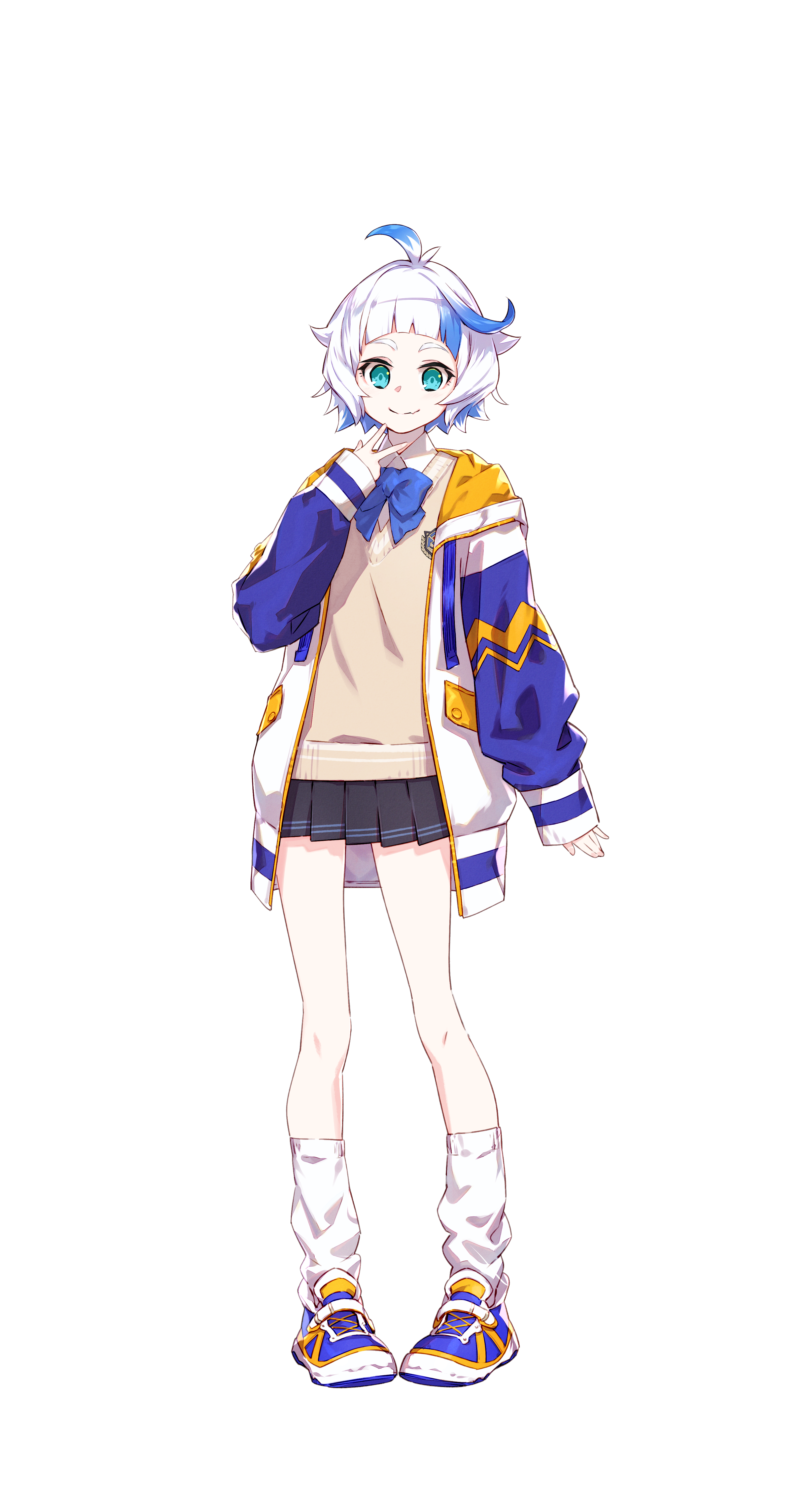 1girl absurdres ahoge aqua_eyes black_skirt blue_bow blue_hair blue_jacket blue_shoes blunt_bangs bow collared_shirt corpse_party corpse_party_ii_darkness_distortion fang full_body highres hood hooded_jacket jacket leg_warmers light_blush long_sleeves looking_at_viewer multicolored_hair multicolored_jacket multicolored_shoes official_art open_clothes open_jacket school_emblem school_uniform shirt shoes short_hair simple_background skin_fang skirt sleeves_past_wrists smile sneakers solo standing streaked_hair sweater tachi-e takanashi_nemu_(corpse_party) transparent_background two-tone_hair v white_hair white_jacket white_leg_warmers white_shirt white_shoes yellow_jacket yellow_shoes