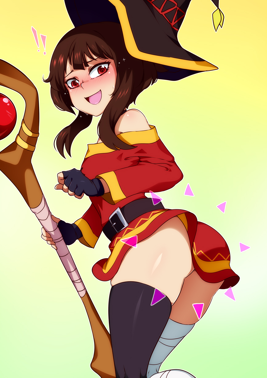 ! !! 1girl ass asymmetrical_legwear bandaged_leg bandages belt black_belt blush breasts dress female_focus fingerless_gloves from_behind gloves hat highres holding holding_staff jcm2 kono_subarashii_sekai_ni_shukufuku_wo! looking_at_viewer looking_back megumin mismatched_legwear no_eyewear no_panties open_mouth red_dress red_eyes shiny_skin short_hair short_hair_with_long_locks simple_background single_thighhigh small_breasts smile solo staff standing thighhighs witch_hat yellow_background