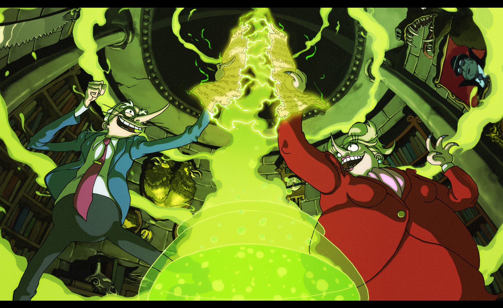 1boy 1girl arm_up black_pants blonde_hair blue_suit bookshelf bubonic_preposteror cauldron claws clock commentary earrings english_commentary eyelashes fisheye formal_clothes green_theme highres holding holding_paper indoors jewelry liquid long_nose magic maledictus_t_maggot manuscript_paper medium_hair necktie open_mouth pants paper portrait_(object) red_necktie red_skirt red_suit shirt skirt smoke suit teeth tyrannia_vampirella upper_teeth_only valentrisrrock wall_clock whiskers white_hair white_shirt witch wizard wunschpunsch