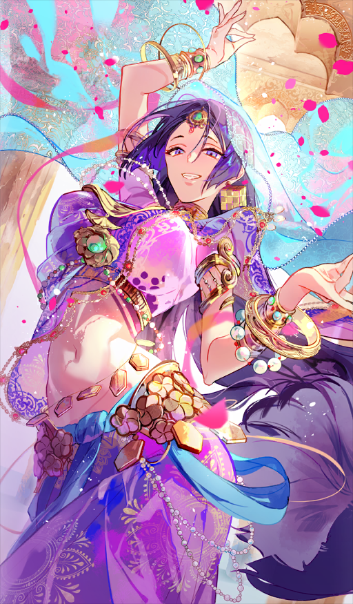 1girl armlet belly_chain bracelet breasts cropped_shirt fate/grand_order fate_(series) forehead_jewel grin jewelry large_breasts long_hair looking_at_viewer midriff minamoto_no_raikou_(fate) navel neck_ring necklace parted_bangs purple_eyes purple_hair purple_shirt purple_skirt sakuramochi1003 sash shirt short_sleeves skirt smile solo very_long_hair