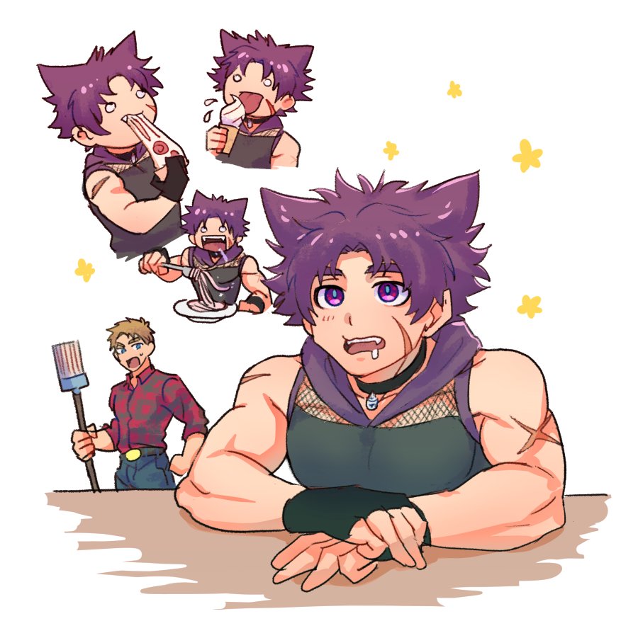 2boys black_collar blank_eyes blonde_hair broom camp_buddy chibi chibi_inset collar collared_shirt cseighteen eating food holding holding_broom ice_cream male_focus multiple_boys nagira_yoshinori pants pasta pizza purple_eyes red_shirt scar scar_on_arm shirt simple_background sleeveless spaghetti white_background yukimura_yoichi