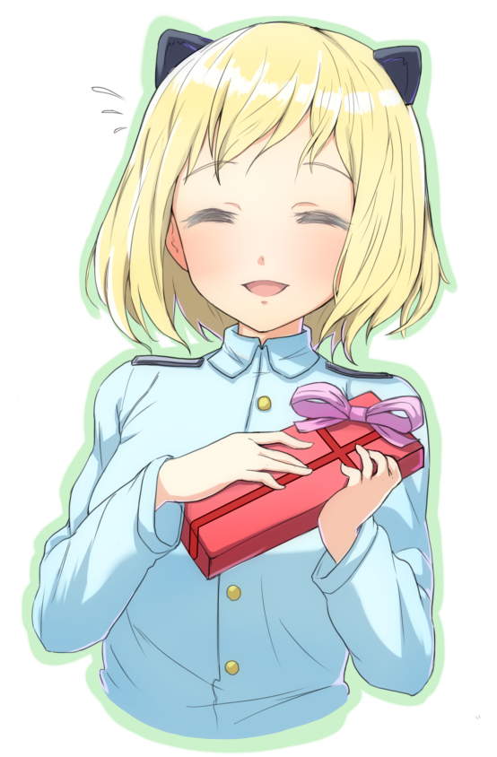 1girl :d ^_^ animal_ears bad_id bad_pixiv_id blonde_hair blush chuuhiji closed_eyes elma_leivonen female_focus flying_sweatdrops gift holding holding_gift long_sleeves military military_uniform open_mouth outline shirt short_hair smile solo strike_witches strike_witches:_suomus_misfits_squadron upper_body white_background world_witches_series