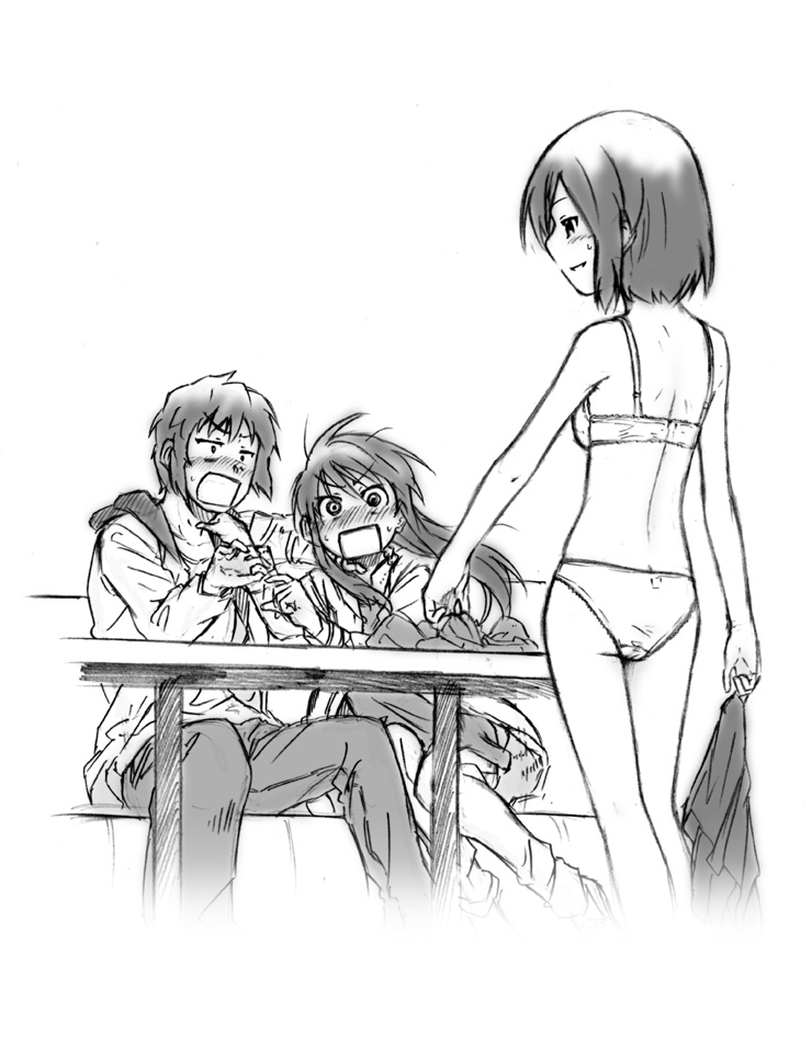 1boy 2girls blush bra dual_persona gender_request genderswap greyscale hair_down kyon kyonko lingerie long_hair monochrome multiple_girls panties ponytail sasaki sasaki_(suzumiya_haruhi) short_hair shun_(rokudena-shi) surprised suzumiya_haruhi_no_yuuutsu underwear underwear_only undressing you_gonna_get_raped