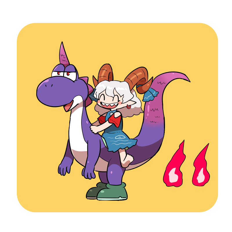 1girl barefoot closed_eyes commentary_request cosplay dinosaur earrings fireball half-closed_eyes horns jewelry kasugai_(de-tteiu) mario_(series) nintendo pointy_ears purple_yoshi riding riding_animal riding_dinosaur sharp_teeth shoes single_horn smile teeth tenkajin_chiyari tenkajin_chiyari_(cosplay) touhou toutetsu_yuuma yoshi