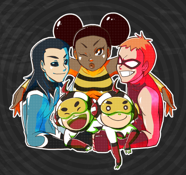1girl 4boys aqua_lad bee_costume black_hair bodysuit brother brothers bumble_bee cartoon_network dark_skin dc_comics domino_mask double_bun fingerless_gloves garth gloves goggles hair_bun hug image_sample insect_wings karen_beecher ladama mas_(dc) mask menos_(dc) multiple_boys orange_hair pixiv_sample resized roy_harper shirt siblings smile speedy striped_clothes striped_shirt superhero_costume teen_titans twins wings