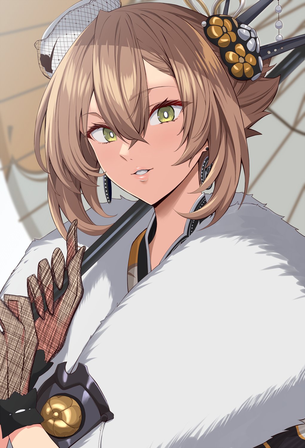 1girl brown_hair chrysanthemum earrings flipped_hair flower gloves green_eyes grin hair_between_eyes hair_ornament highres japanese_clothes jewelry kantai_collection kimono kloah lips looking_at_viewer mutsu_(kancolle) mutsu_(new_year)_(kancolle) official_alternate_costume oil-paper_umbrella orange_kimono parted_lips see-through_clothes see-through_gloves short_hair simple_background smile solo umbrella white_background white_headwear