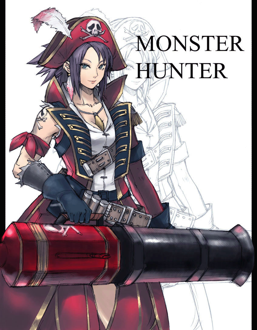 1girl belt black_hair blue_eyes breasts cannon capcom cleavage coat earrings female_focus gloves gunbelt hat jewelry monster_hunter_(series) necklace pirate skull_and_crossbones solo tattoo tetsu_(kimuchi)
