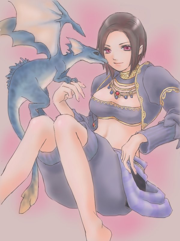 1girl adventurer_(ff11) bard_(final_fantasy) barefoot black_hair breasts closed_mouth cropped_jacket dragon dragoon_wyvern_(ff11) final_fantasy final_fantasy_xi gem hume jacket jewelry long_sleeves medium_breasts necklace open_clothes open_jacket pants pink_eyes purple_gemstone purple_jacket purple_pants purple_tube_top red_gemstone sakutsuki short_hair sitting smile solo strapless tube_top