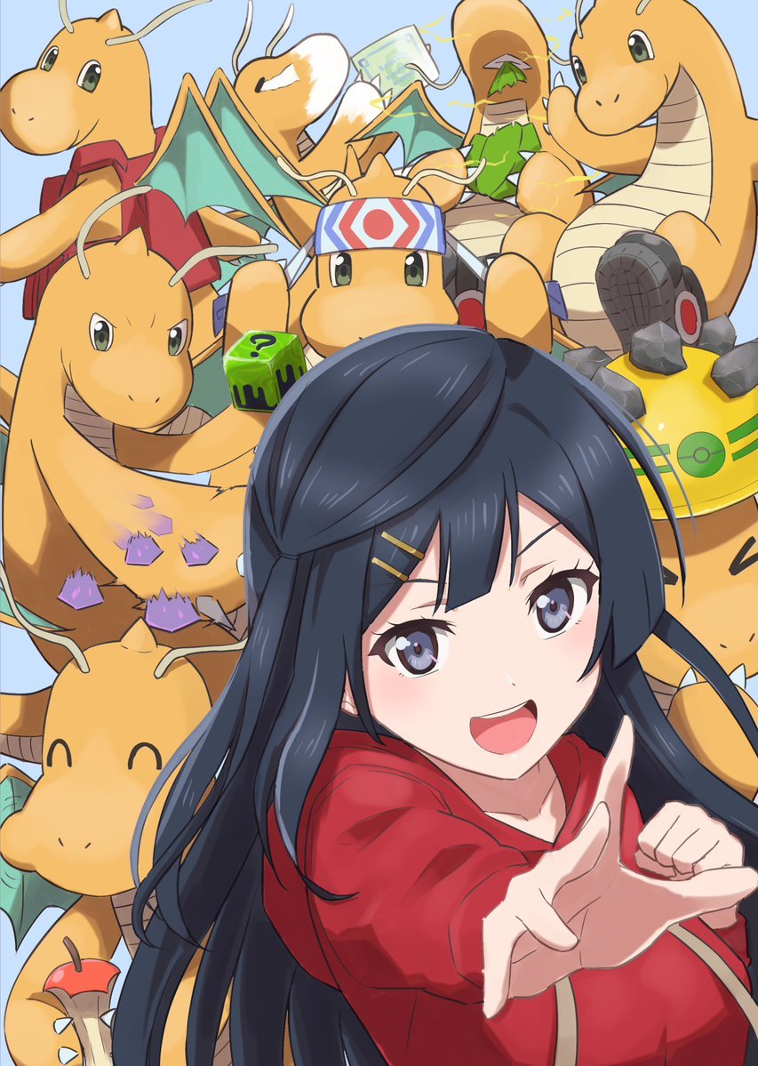 &gt;_&lt; 1girl ^_^ apple apple_core assault_vest_(pokemon) berry_(pokemon) black_hair blue_background breasts casual chinese_zodiac closed_eyes collarbone commentary_request crossover crying dice dragonite eating focus_sash food fruit game_freak gen_1_pokemon grey_eyes hair_ornament hairclip hard_hat headband heavy-duty_boots_(pokemon) helmet holding holding_dice holding_food hood hoodie leftovers_(pokemon) loaded_dice_(pokemon) long_hair long_sleeves love_live! love_live!_nijigasaki_high_school_idol_club lum_berry medium_breasts multiple_views nintendo official_alternate_costume one_side_up orange-pengin pokemon pokemon_(creature) red_hoodie rocky_helmet_(pokemon) streaming_tears tears weakness_policy_(pokemon) white_headband year_of_the_dragon yellow_helmet yuki_setsuna yuki_setsuna_(hehe_i&#039;m_glad!)