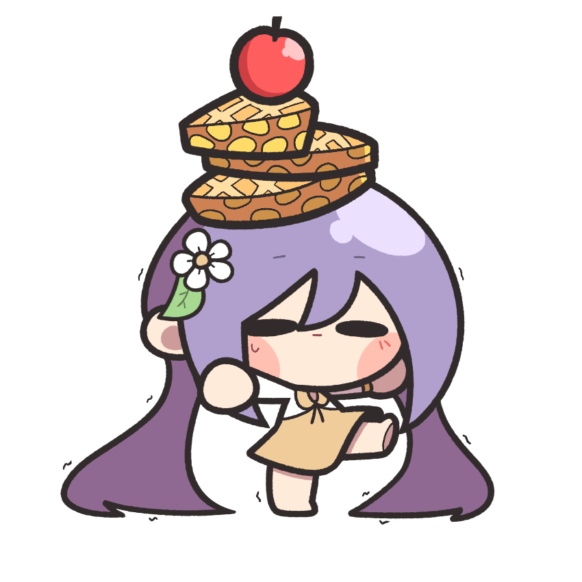 1girl =_= apple apple_pie baek_ban barefoot blush_stickers chibi chibi_only collared_shirt flower food food_on_head fruit hair_flower hair_ornament leg_up long_hair long_sleeves object_on_head pie pie_slice purple_hair shirt simple_background skirt solo touhou trembling tsukumo_benben white_background white_flower white_shirt yellow_skirt