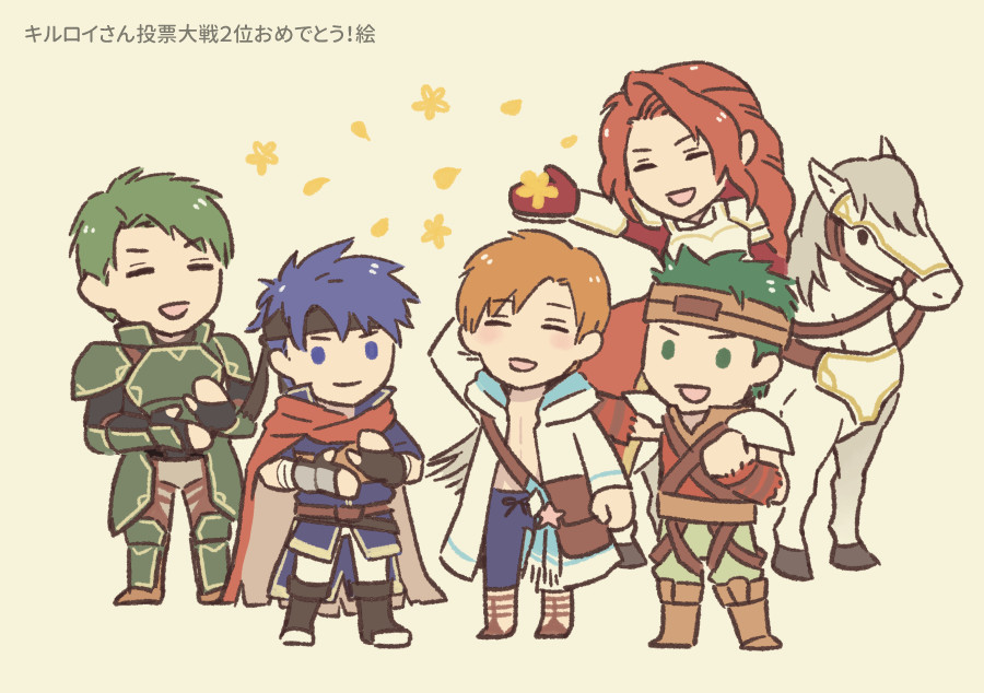 1girl 4boys armor bag blue_eyes blue_hair boyd_(fire_emblem) cape clapping closed_eyes coat commentary_request deformed fire_emblem fire_emblem:_path_of_radiance fire_emblem:_radiant_dawn fire_emblem_heroes green_eyes green_hair headband hitaki_y horse horseback_riding ike_(fire_emblem) long_hair multiple_boys nintendo official_alternate_costume open_clothes open_coat orange_hair oscar_(fire_emblem) red_hair rhys_(fire_emblem) rhys_(summer)_(fire_emblem) riding short_hair shoulder_bag simple_background titania_(fire_emblem) translation_request