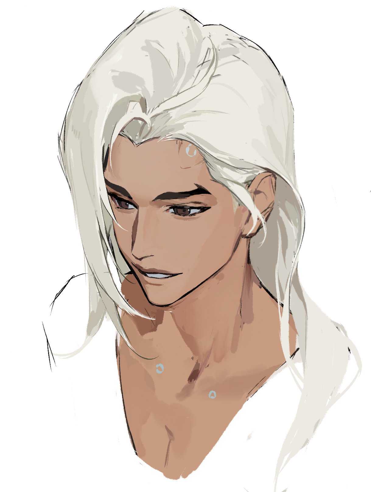 1boy androgynous brown_eyes collarbone commentary cropped_shoulders dark-skinned_male dark_skin forked_eyebrows hashtag-only_commentary highres lifeweaver_(overwatch) long_hair looking_ahead male_focus overwatch overwatch_2 parted_lips shirt simple_background smile solo very_long_hair white_background white_shirt xie_youqing