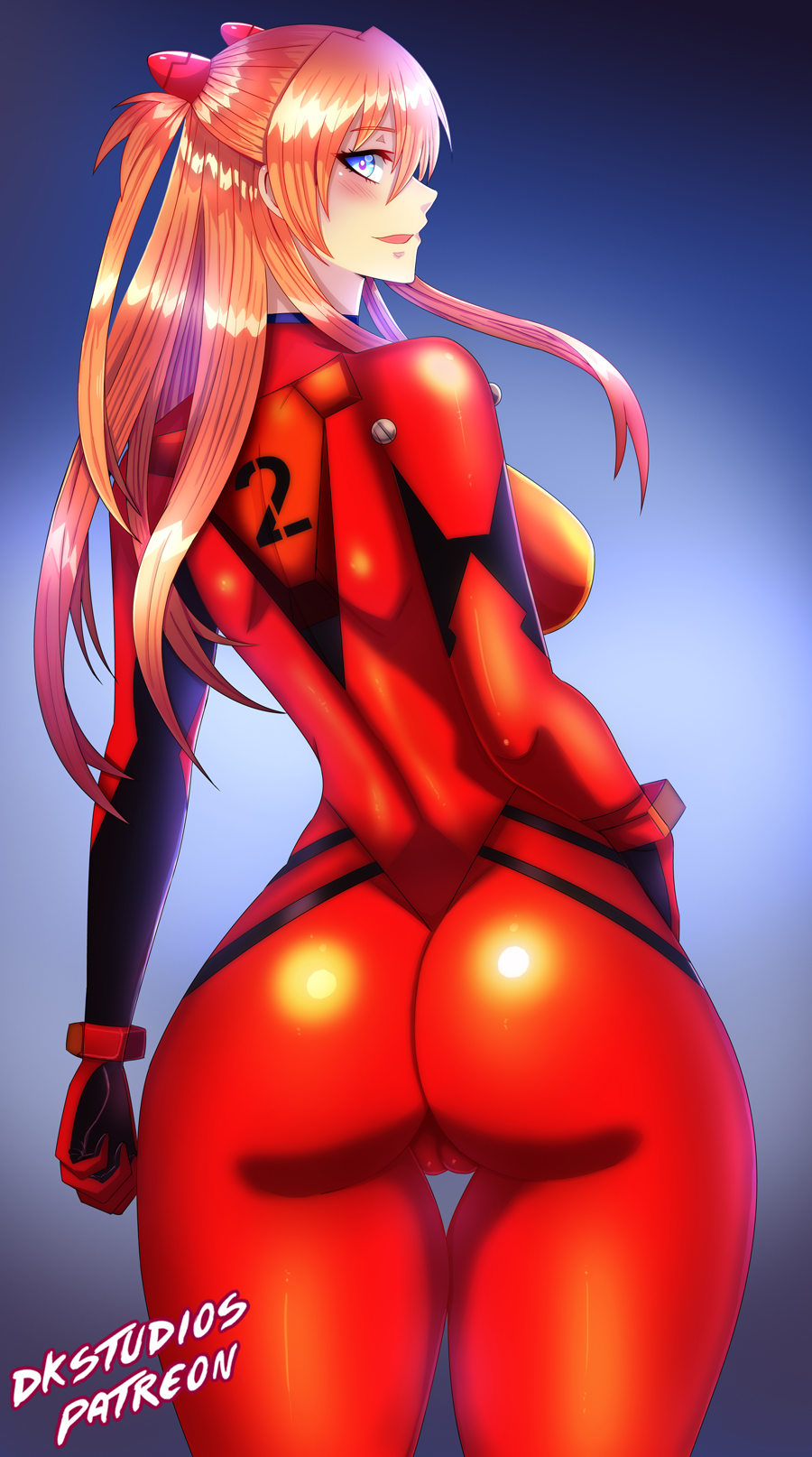 1girl ass blue_eyes bodysuit breasts brown_hair cameltoe cowboy_shot curvy dkstudios05 hair_between_eyes hand_on_own_hip highres huge_ass long_hair looking_at_viewer looking_back mecha_pilot_suit medium_breasts narrow_waist neon_genesis_evangelion open_mouth plugsuit_(evangelion) red_bodysuit shiny_clothes shiny_skin simple_background smile solo souryuu_asuka_langley turtleneck twintails two_side_up wide_hips