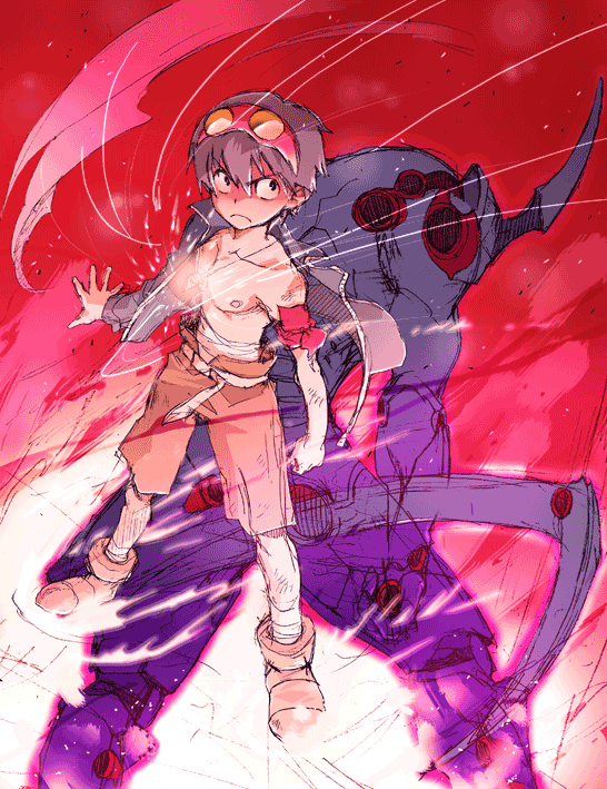 00s 1boy aged_down bad_id bad_pixiv_id bullet_in_appleforest goggles goggles_on_head gradient_background lazengann male_focus mecha robot simon_(ttgl) solo spiral_power tengen_toppa_gurren_lagann topless_male
