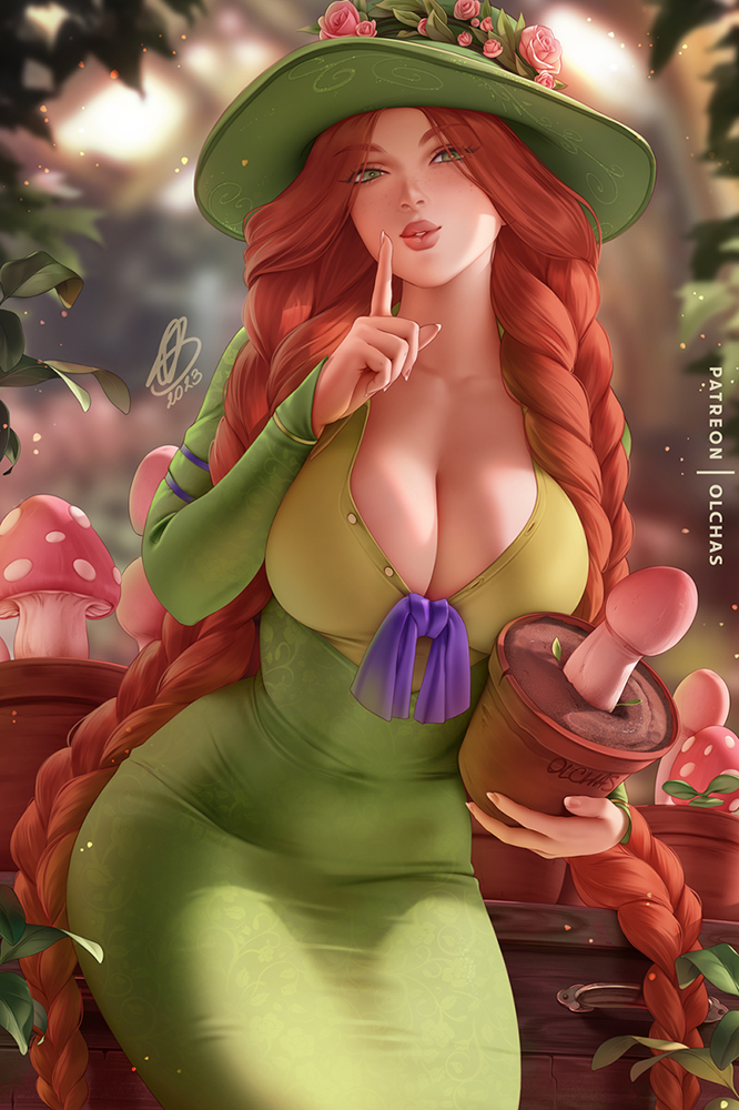 1girl blurry blurry_background braid breasts brown_hair cleavage dress flower flower_pot green_dress green_eyes green_hat harry_potter_(series) hat hat_flower hogwarts_legacy holding holding_flower_pot large_breasts leaning_forward lips long_hair long_sleeves looking_at_viewer low_twin_braids mirabel_garlick olchas solo twin_braids very_long_hair witch_hat wizarding_world