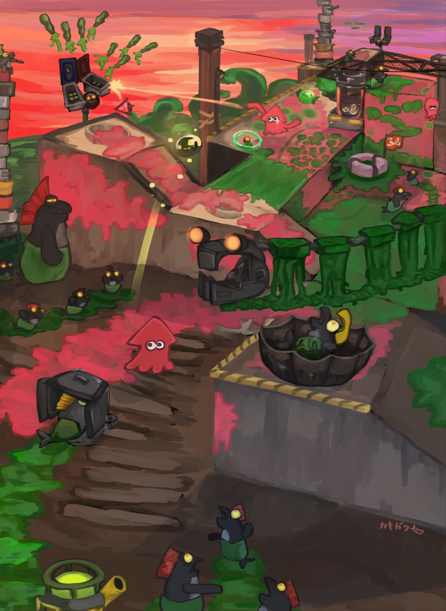 animal animal_focus artist_name blonde_hair bulging_eyes chum_(splatoon) clothed_animal cohock_(splatoon) colored_sclera drizzler_(splatoon) ebifurai_kakigwa failure fish flag flyfish_(splatoon) golden_egg_(splatoon) green_pants highres in-universe_location inkling inkling_(swim_form) lifebuoy maws_(splatoon) missile missile_pod mohawk nintendo no_humans octoling octoling_(swim_form) octopus orange_sky outdoors pants red_eyes red_hair salmon_run_(splatoon) scrapper_(splatoon) short_hair signature sky smallfry_(splatoon) splat_bomb_(splatoon) splatoon_(series) splatoon_3 squid steel_eel_(splatoon) stinger_(splatoon) swim_ring tears throwing wide_shot yellow_sclera