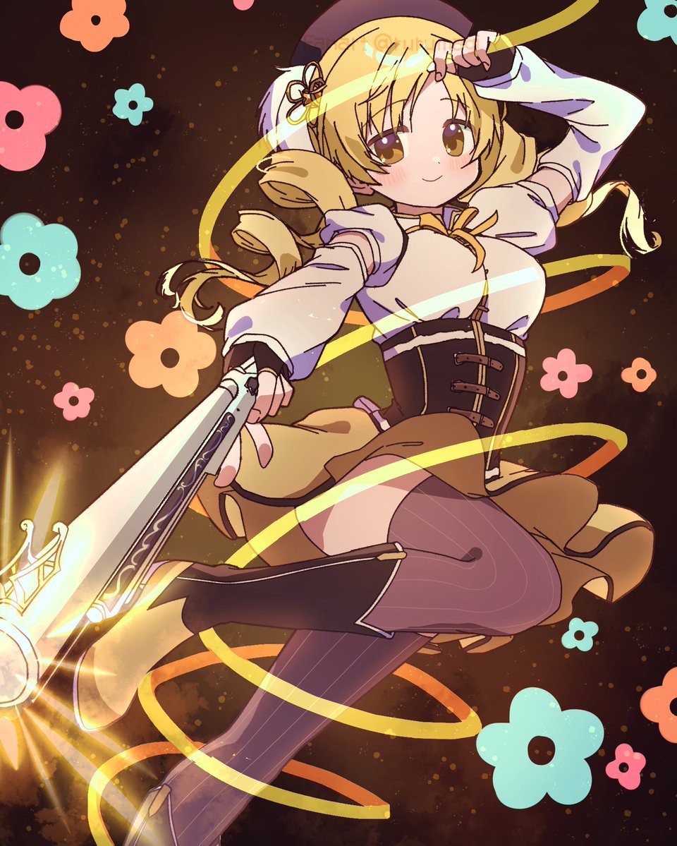 1girl beret black_gloves blonde_hair blush boots commentary corset detached_sleeves drill_hair explosion fingerless_gloves fingernails floral_background gloves gun hat juliet_sleeves knee_boots long_fingernails long_sleeves looking_at_viewer magical_girl magical_musket mahou_shoujo_madoka_magica puffy_sleeves ribbon ruru_(rurumagi) shirt skirt smile solo soul_gem striped_clothes striped_thighhighs thighhighs thighs tomoe_mami tomoe_mami_(magical_girl) twin_drills twintails twitter_username vertical-striped_clothes vertical-striped_thighhighs weapon white_shirt white_sleeves yellow_eyes yellow_skirt zettai_ryouiki