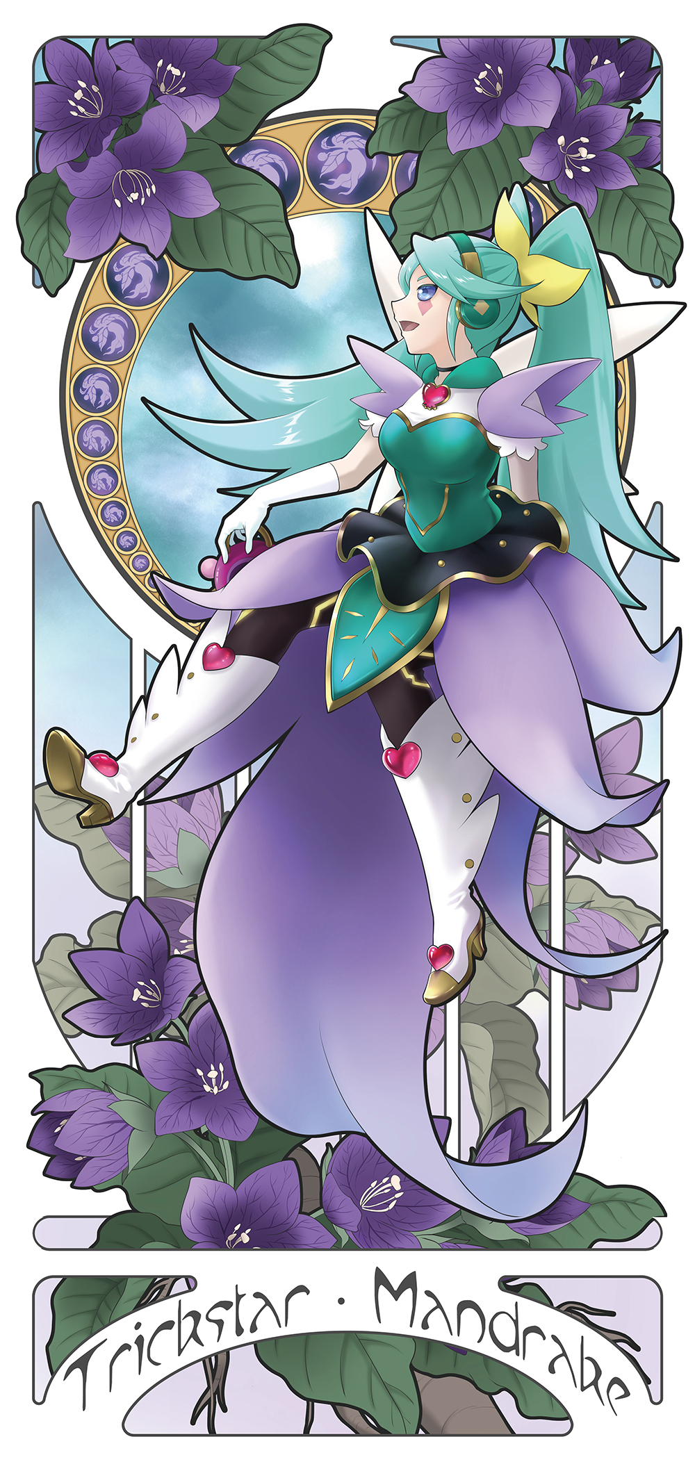 1girl art_nouveau blue_eyes breasts character_name duel_monster elbow_gloves fairy_wings flower full_body gloves green_hair headphones highres idol idol_clothes long_hair medium_breasts open_mouth ponytail puffy_short_sleeves puffy_sleeves purple_flower short_sleeves smile solo trickstar_mandrake twintails white_gloves wings xix06 yu-gi-oh!