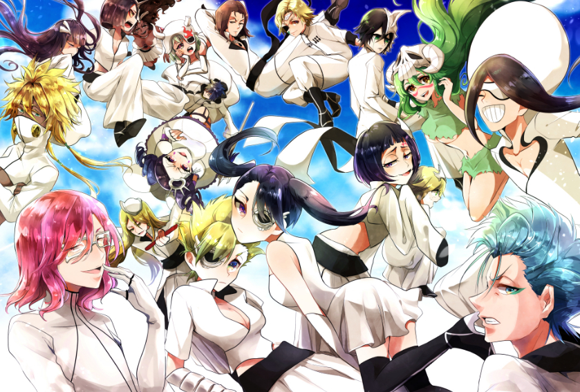 6+boys 6+girls :d :o arrancar bad_id bad_pixiv_id black_footwear black_hair bleach blonde_hair blue_eyes blue_eyeshadow blue_hair blue_sky boots breasts brown_eyes cirucci_sanderwicci cleavage coyote_starrk cyan_sung-sun dark_skin day dress drill_hair emilou_apacci eyepatch eyeshadow facial_mark fake_horns franceska_mila_rose glasses green_eyes green_hair grimmjow_jaegerjaquez grin hair_ornament helmet hole_on_body horned_helmet horns laughing lilynette_gingerbuck loly_aivirrne long_hair long_sleeves luppi_antenor makeup menoly_mallia midriff multiple_boys multiple_girls nelliel_tu_odelschwanck nnoitra_gilga number_tattoo open_mouth pants pink_hair purple_hair shirt short_dress short_hair shouting skirt skull skull_on_head sky sleeves_past_fingers sleeves_past_wrists smile szayelaporro_granz tattoo tesra_lindocruz thigh_boots thighhighs tier_harribel torn_clothes twin_drills twintails ulquiorra_cifer umi_(pixiv6861961) underboob upside-down very_long_hair white_dress white_pants white_shirt white_skirt yellow_eyes yylfordt_granz