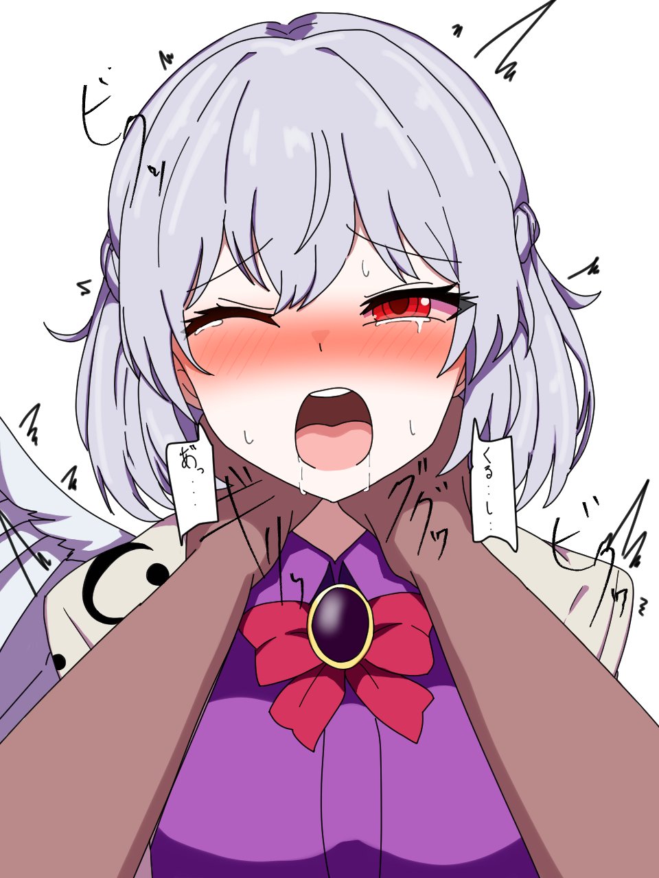 1boy 1girl blush bow braid breasts brooch collared_shirt dialogue_box ears feathered_wings hair_between_eyes half_up_braid highres jacket japanese_text jewelry kishin_sagume large_breasts looking_at_viewer nose one_eye_closed open_mouth pov pov_hands purple_shirt red_bow red_eyes ryona saliva shirt short_hair single_wing strangling sweat tan_jacket tateno_a tears teeth touhou upper_body upper_teeth_only white_background white_wings wings