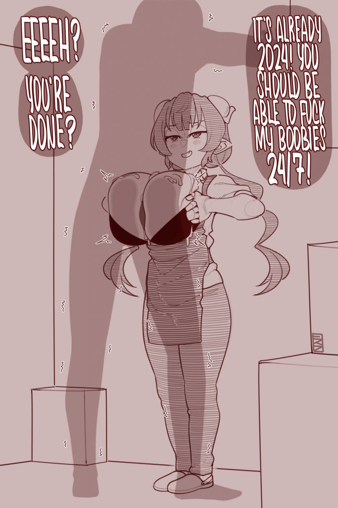 1boy 1girl breasts clothed_sex dialogue_box dragon_girl ekz_(robotekz) horns huge_breasts ilulu_(maidragon) interspecies kobayashi-san_chi_no_maidragon monochrome paizuri pointy_ears shortstack size_difference sketch standing_paizuri