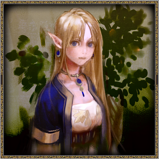 blonde_hair blue_eyes breasts earrings elf game_cg jewelry mabinogi medium_breasts official_art oil_painting_(medium) painting_(medium) plant pointy_ears portia_(mabinogi) traditional_media upper_body
