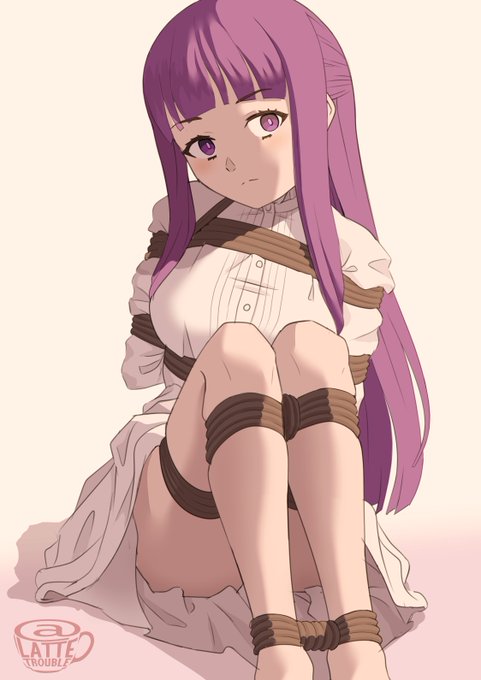 1girl arms_behind_back artist_logo artist_name bdsm bondage bound bound_ankles bound_legs breasts buttons dress feet_out_of_frame fern_(sousou_no_frieren) gradient_background head_tilt hime_cut large_breasts lattetrouble legs_together light_blush logo looking_ahead purple_eyes purple_hair raised_eyebrows rope shadow shibari shibari_over_clothes sideways_glance simple_background sitting sousou_no_frieren two-tone_background watermark white_dress