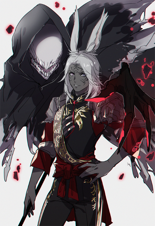 1boy animal_ears armor black_cloak black_pants cloak colored_skin cowboy_shot facial_mark final_fantasy final_fantasy_xiv grey_skin hand_on_own_hip holding holding_weapon hood hood_up looking_at_viewer male_focus medium_hair monster no_eyes pants parted_lips pauldrons purple_eyes rabbit_ears reaper_(final_fantasy) sash shoulder_armor shoulder_sash standing torn_cloak torn_clothes viera voidsent warrior_of_light_(ff14) weapon white_background white_hair yomo_(ym)