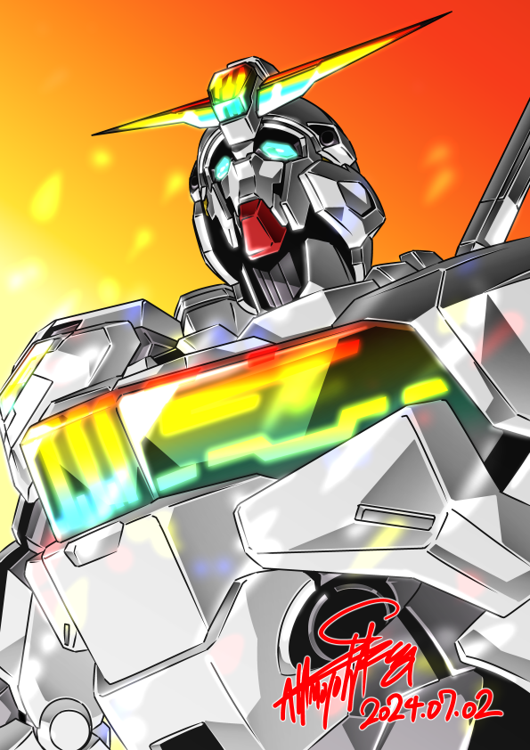 aqua_eyes dated gradient_background gundam gundam_calibarn gundam_suisei_no_majo mecha mecha_focus mobile_suit no_humans orange_background robot science_fiction signature solo upper_body v-fin yellow_background zzz_sakaz