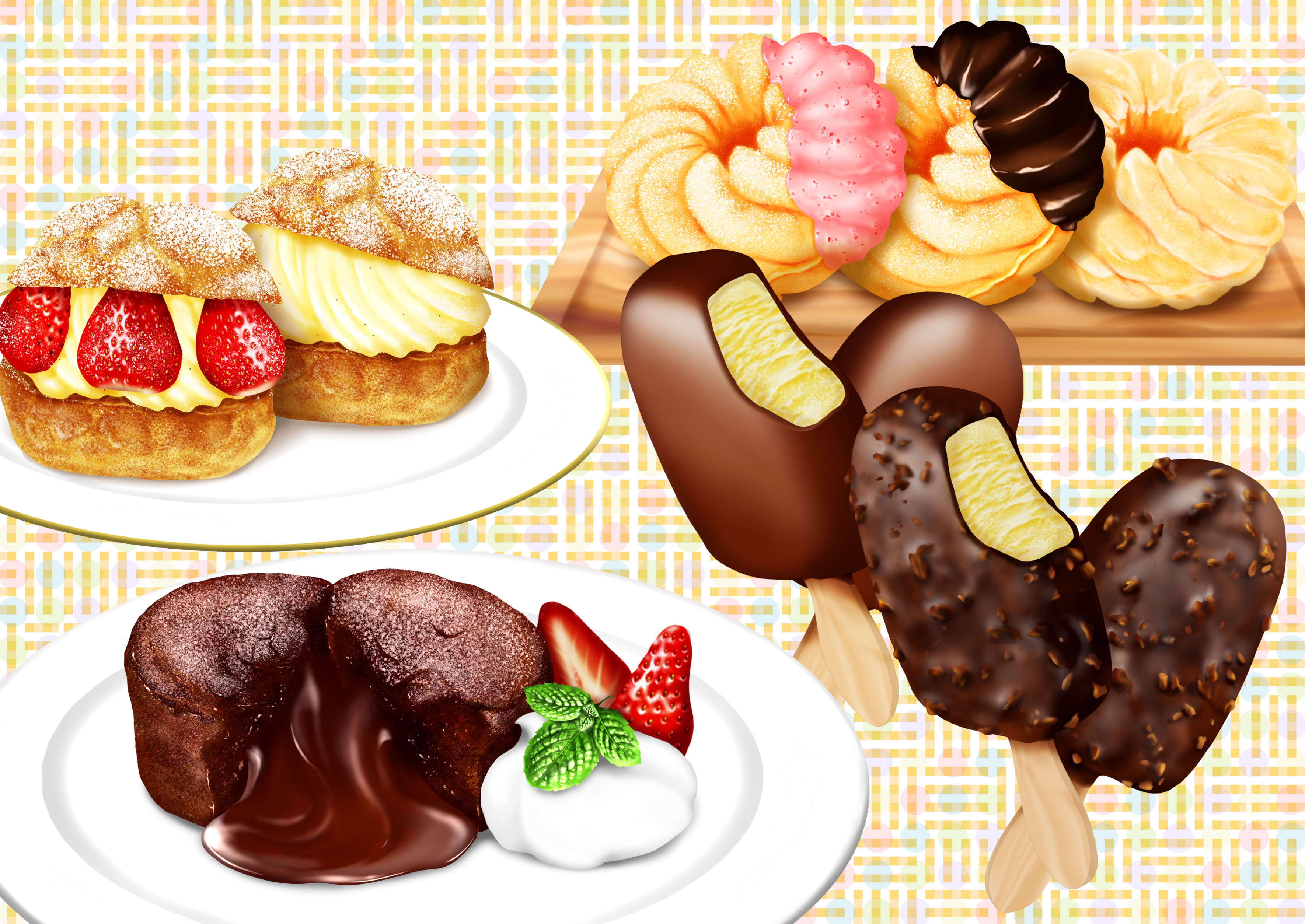 absurdres chocolate chocolate_icing commentary_request cream_puff dessert donut fondant_au_chocolat food food_focus french_cruller fruit gyuunyuu_oume highres ice_cream_bar icing no_humans original plate powdered_sugar realistic strawberry strawberry_icing sweets