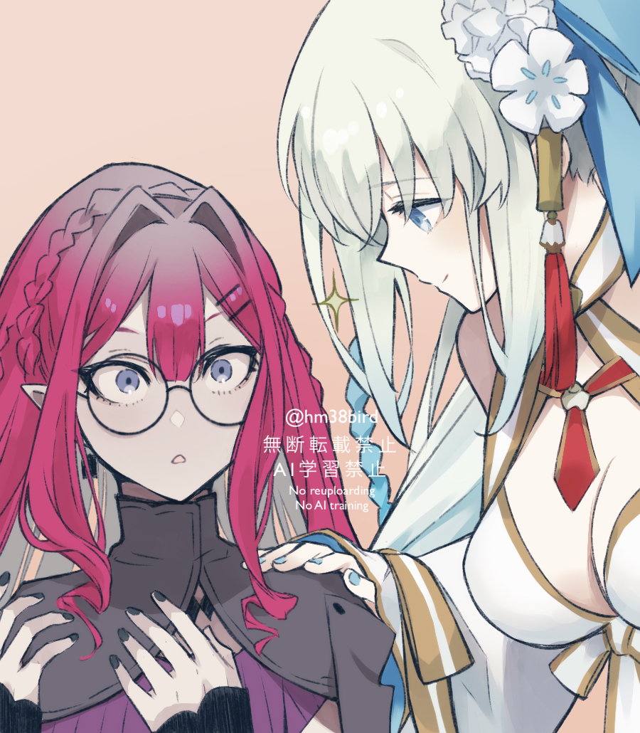 2girls baobhan_sith_(fate) baobhan_sith_(swimsuit_pretender)_(second_ascension)_(fate) bikini blue_eyes blush breasts capelet earrings fate/grand_order fate_(series) grey_capelet grey_eyes hands_up jewelry looking_at_viewer morgan_le_fay_(fate) morgan_le_fay_(water_princess)_(fate) mother_and_daughter multiple_girls nakanohiro pink_hair pointy_ears purple_shirt round_eyewear shirt sidelocks smile swimsuit upper_body white_bikini