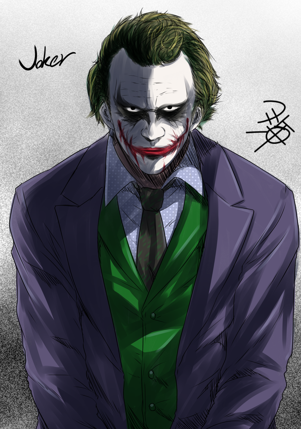 1boy batman_(series) black_necktie blood blood_on_face character_name dc_comics facepaint formal_clothes glasgow_smile green_hair green_vest hair_slicked_back heath_ledger highres jacket makeup male_focus necktie purple_jacket shirt short_hair signature smile solo striped suit the_joker upper_body vest white_shirt yua_(checkmate)